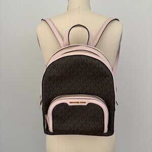 Michael Kors Jaycee Medium Zip Pocket Backpack Brown Pink Signature Logo